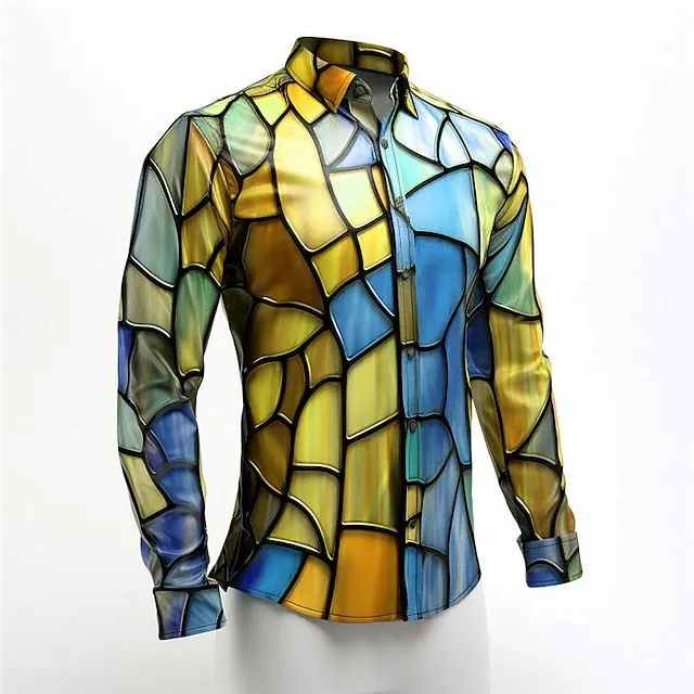 Abstract Colorful Men's Long Sleeve Shirt with Stylish Turndown Neckline