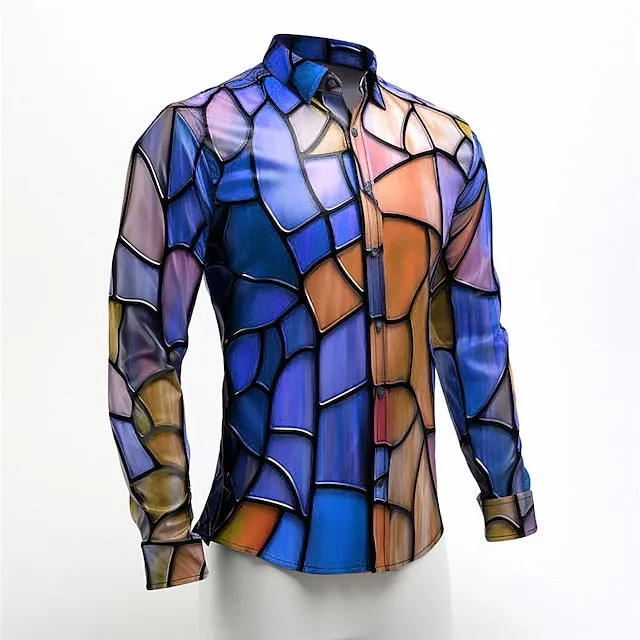 Abstract Colorful Men's Long Sleeve Shirt with Stylish Turndown Neckline