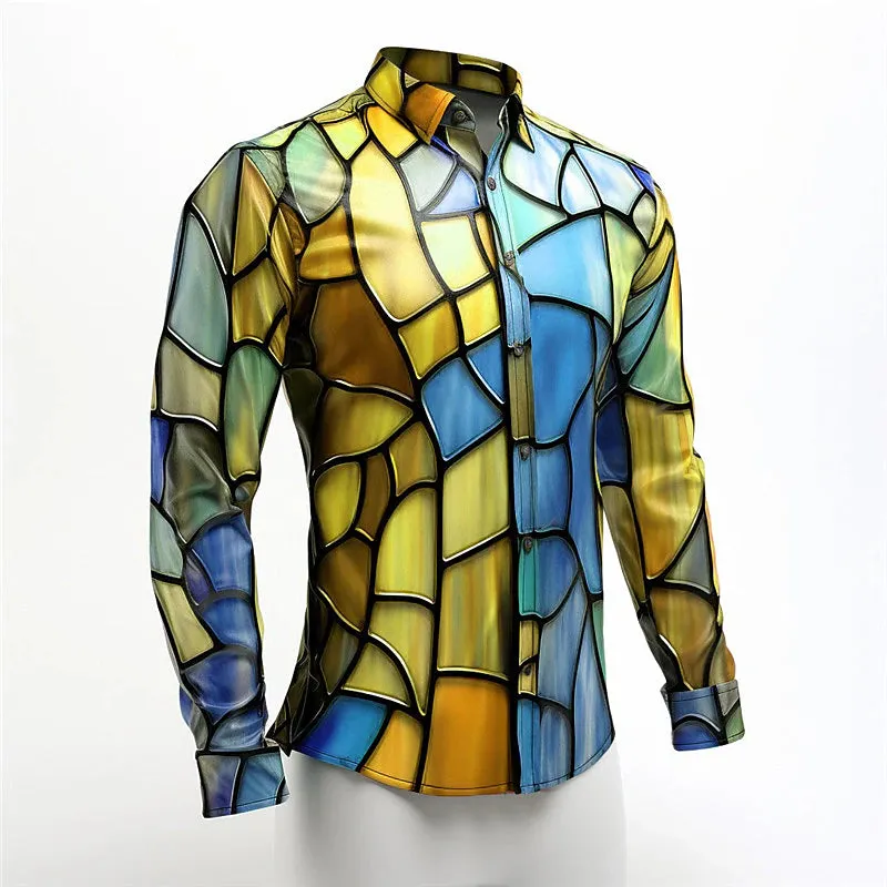 Abstract Colorful Men's Long Sleeve Shirt with Stylish Turndown Neckline