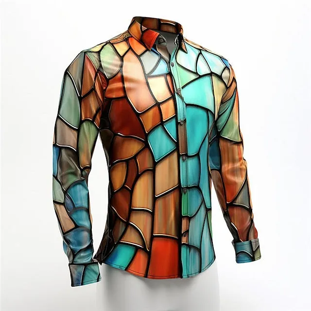 Abstract Colorful Men's Long Sleeve Shirt with Stylish Turndown Neckline