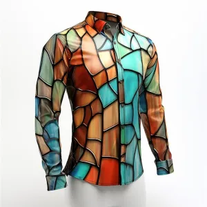 Abstract Colorful Men's Long Sleeve Shirt with Stylish Turndown Neckline
