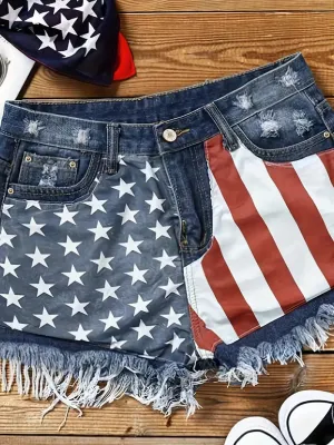 American Flag Print High Stretch Denim Shorts with Functional Pockets: Ideal for a Relaxed Spring/Summer Look