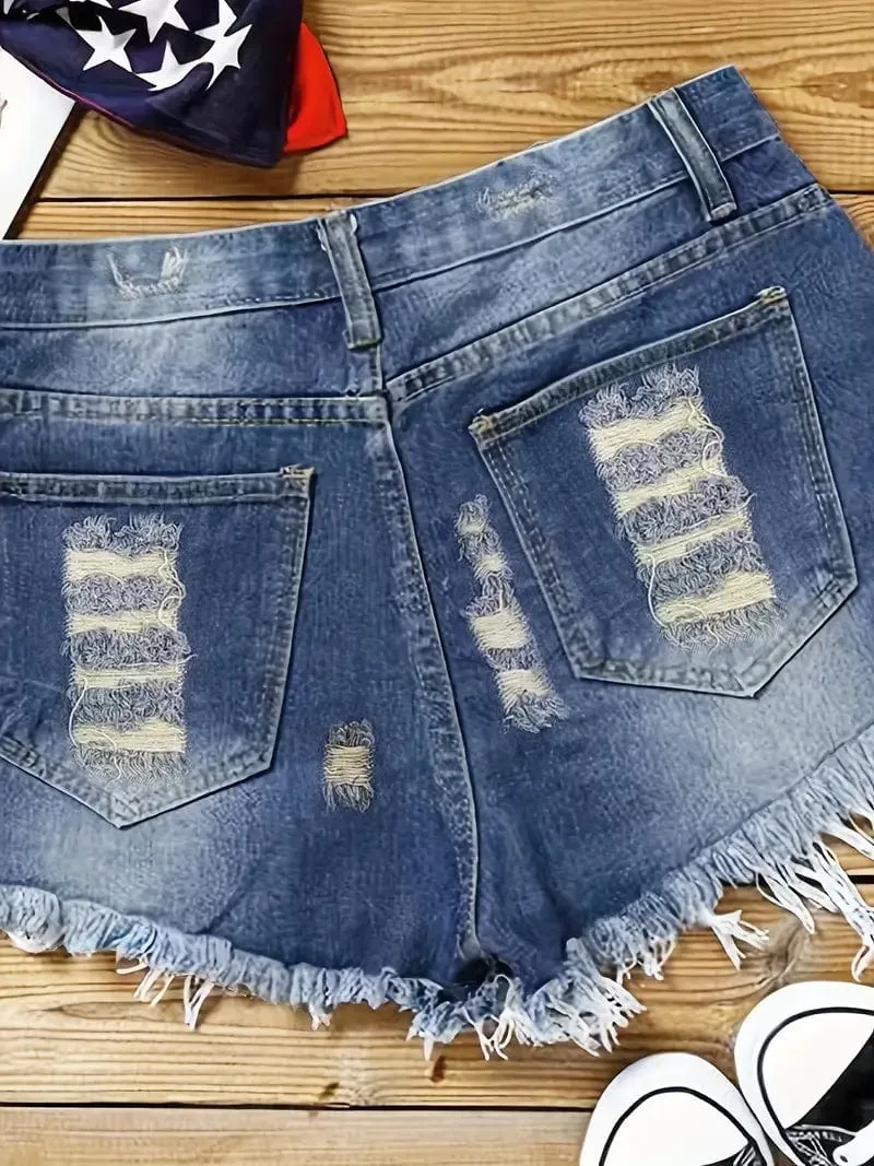 American Flag Print High Stretch Denim Shorts with Functional Pockets: Ideal for a Relaxed Spring/Summer Look