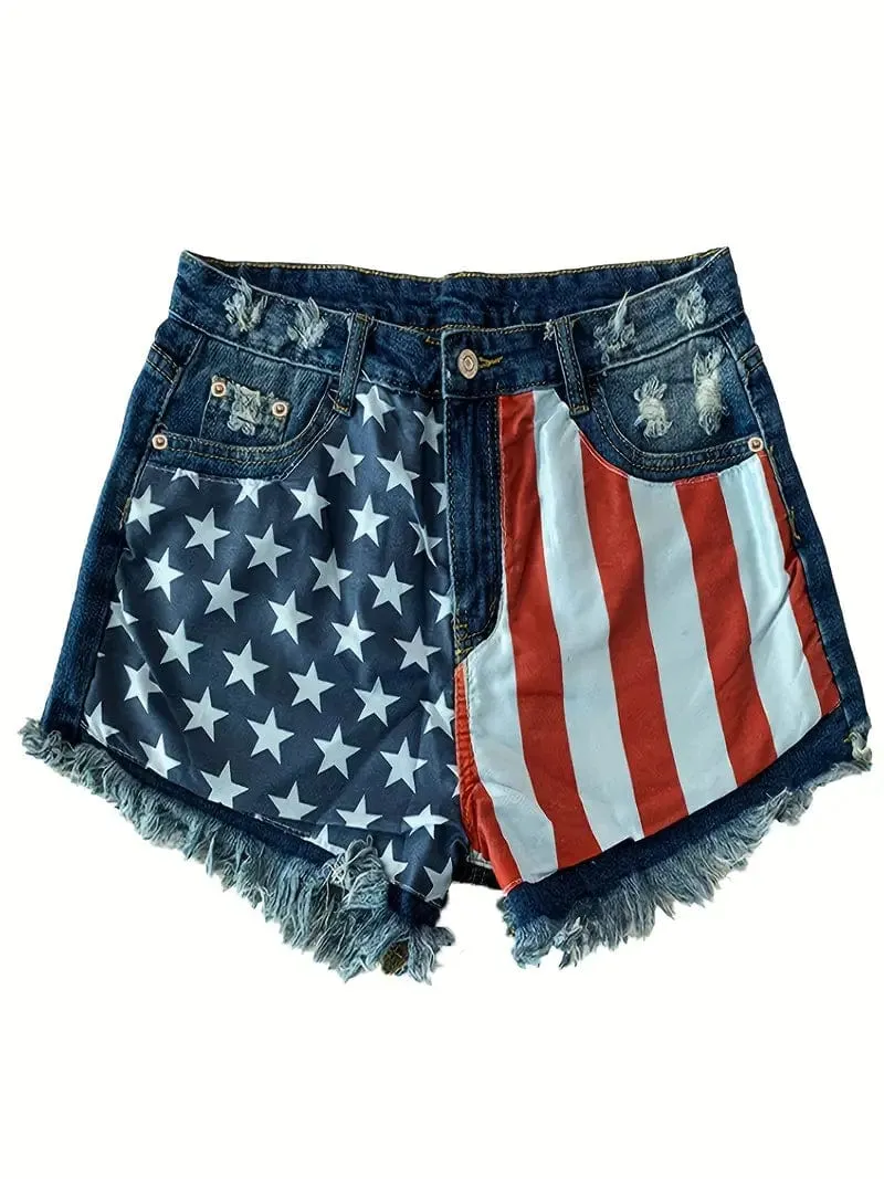 American Flag Print High Stretch Denim Shorts with Functional Pockets: Ideal for a Relaxed Spring/Summer Look