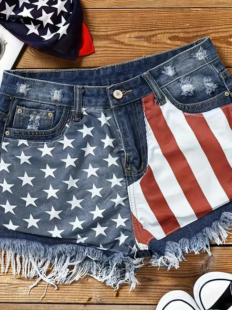American Flag Print High Stretch Denim Shorts with Functional Pockets: Ideal for a Relaxed Spring/Summer Look