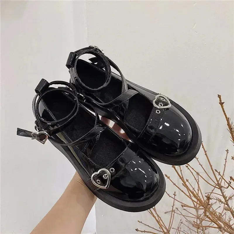 Amozae-Shoes Lolita shoes Women heels platform mary janes Star Buckle Strap Mary Janes Women Cross-tied Girls Rivet Casual kawaii shoes