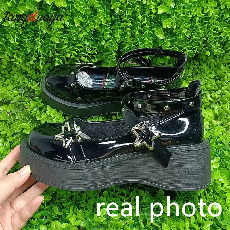 Amozae-Shoes Lolita shoes Women heels platform mary janes Star Buckle Strap Mary Janes Women Cross-tied Girls Rivet Casual kawaii shoes