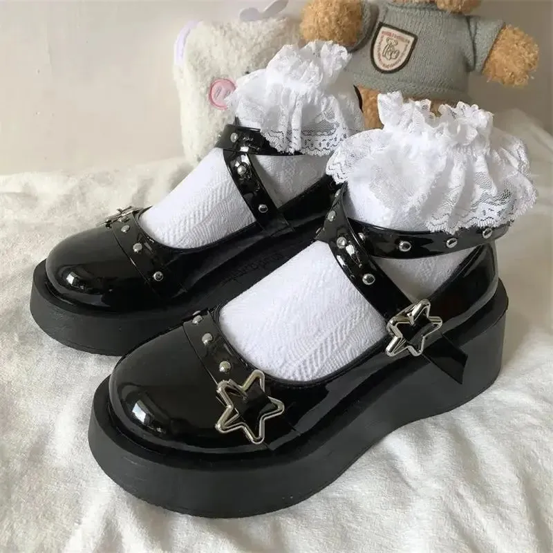 Amozae-Shoes Lolita shoes Women heels platform mary janes Star Buckle Strap Mary Janes Women Cross-tied Girls Rivet Casual kawaii shoes