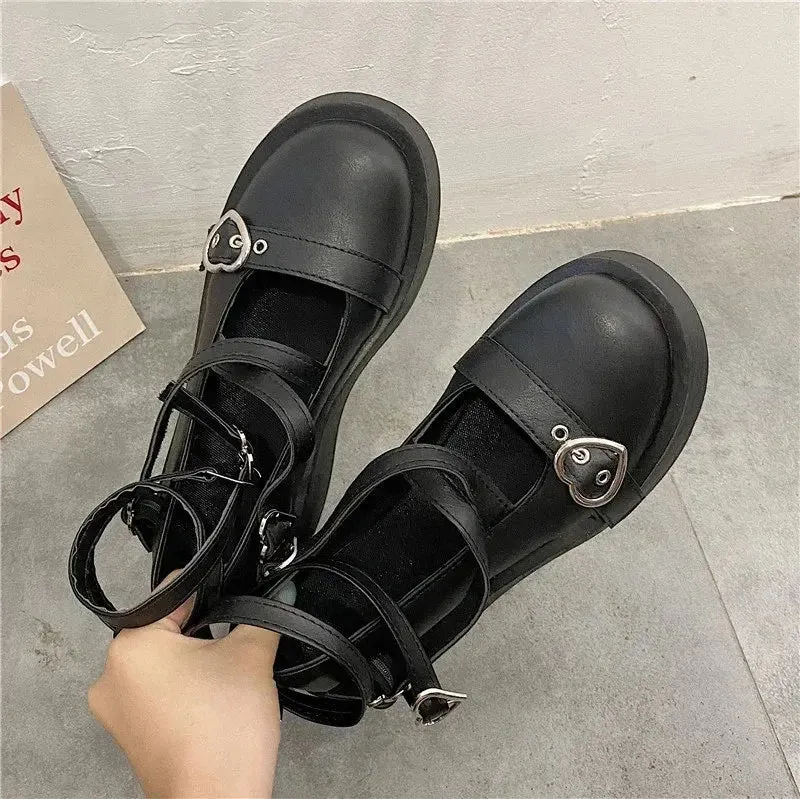 Amozae-Shoes Lolita shoes Women heels platform mary janes Star Buckle Strap Mary Janes Women Cross-tied Girls Rivet Casual kawaii shoes