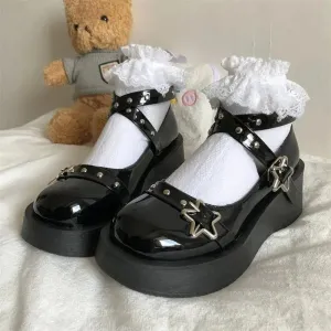 Amozae-Shoes Lolita shoes Women heels platform mary janes Star Buckle Strap Mary Janes Women Cross-tied Girls Rivet Casual kawaii shoes