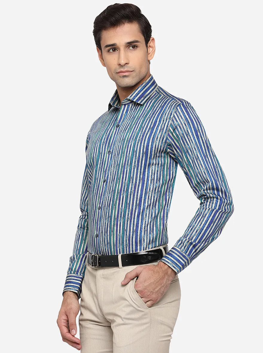 Blue & Green Striped Slim Fit Party Wear Shirt | Wyre