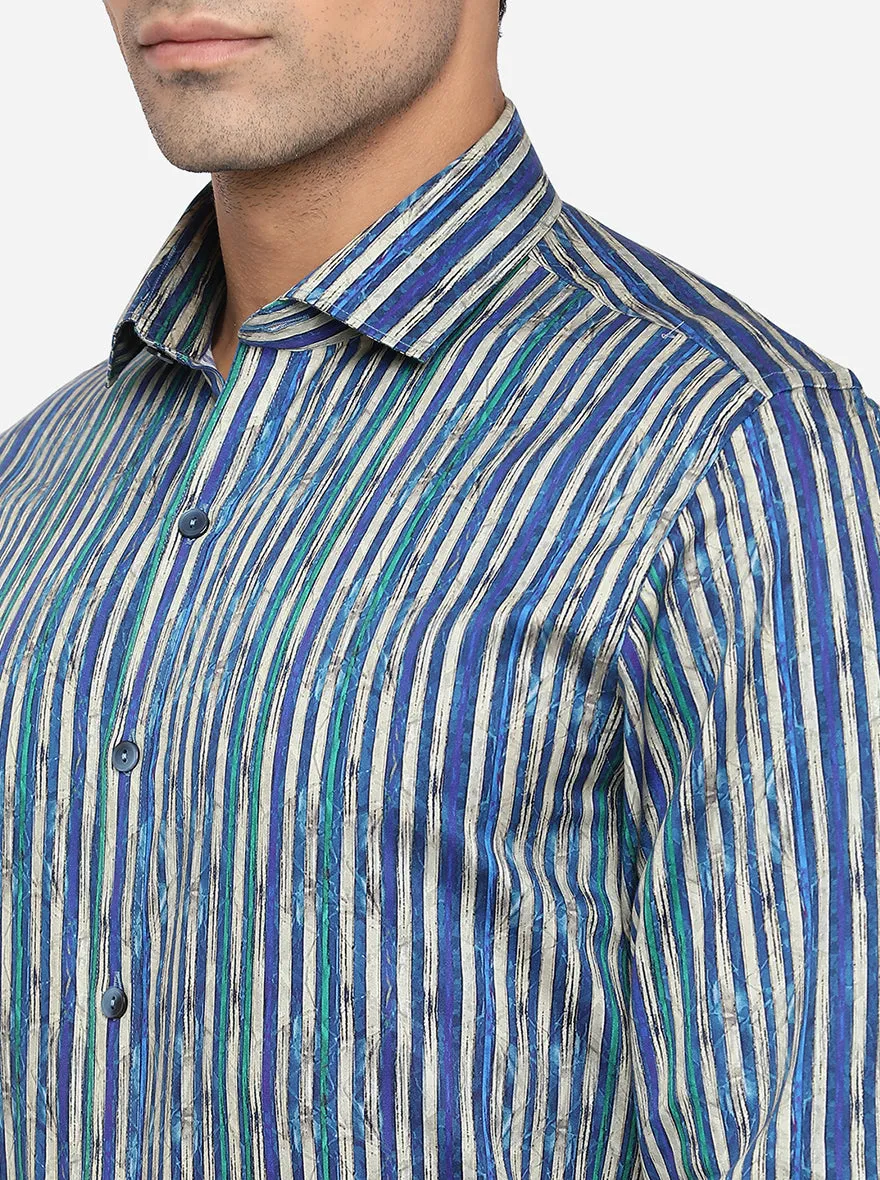 Blue & Green Striped Slim Fit Party Wear Shirt | Wyre