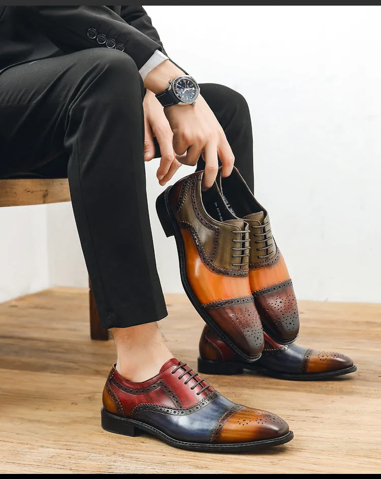 Cowhide leather shoes with pointed tips, color and carved patterns