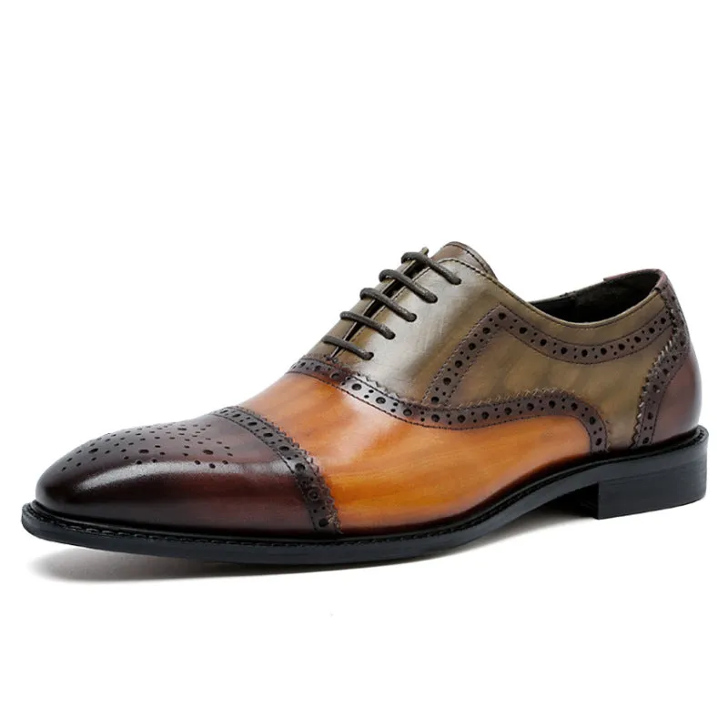 Cowhide leather shoes with pointed tips, color and carved patterns