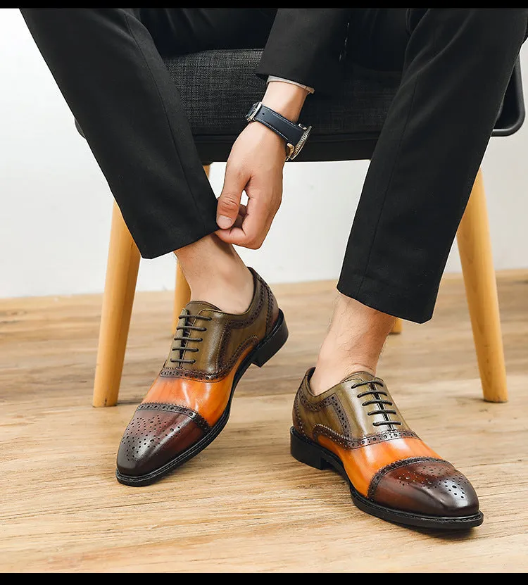 Cowhide leather shoes with pointed tips, color and carved patterns