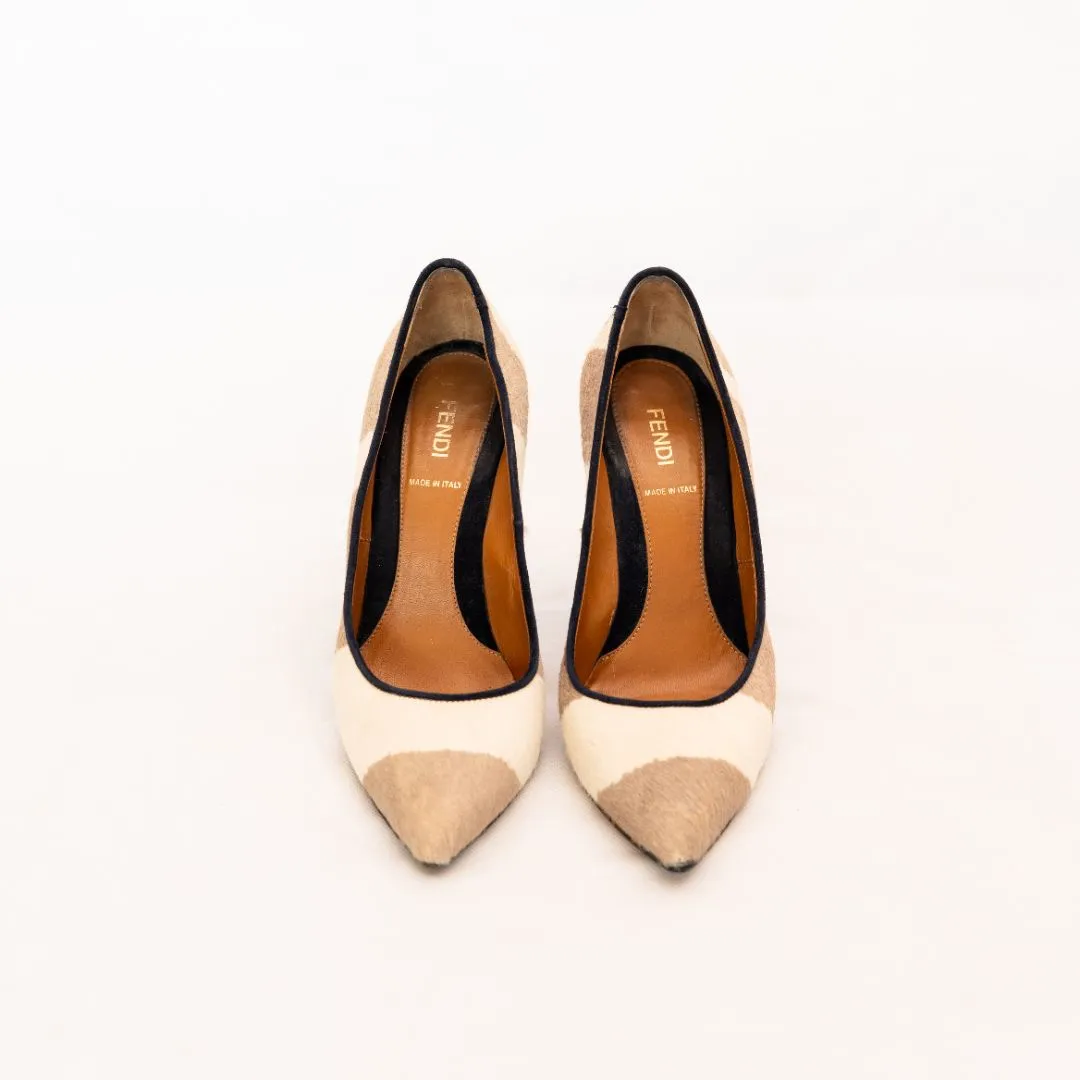 Fendi Beige and Brown Pony Hair Chunky Heel Shoes  37