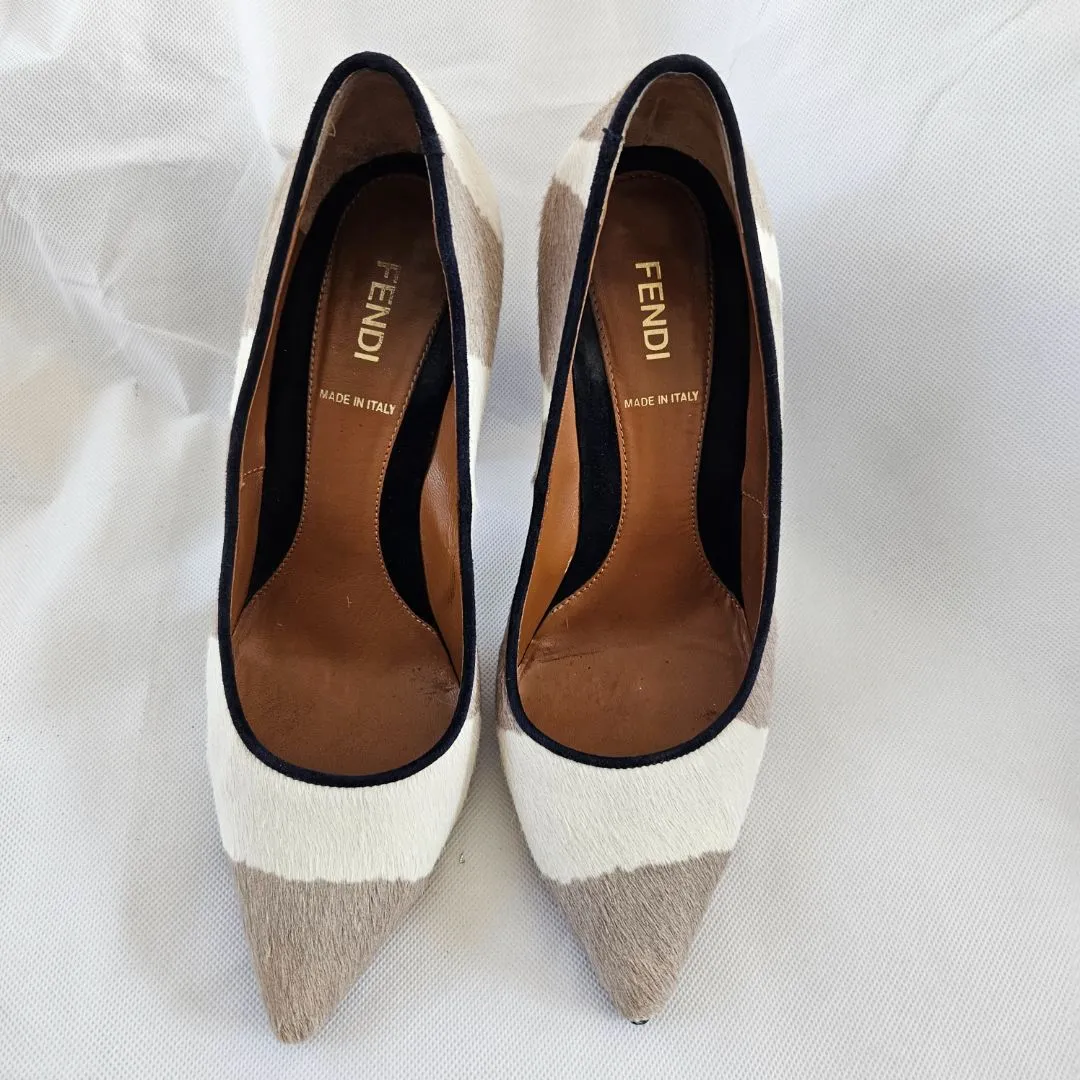 Fendi Beige and Brown Pony Hair Chunky Heel Shoes  37
