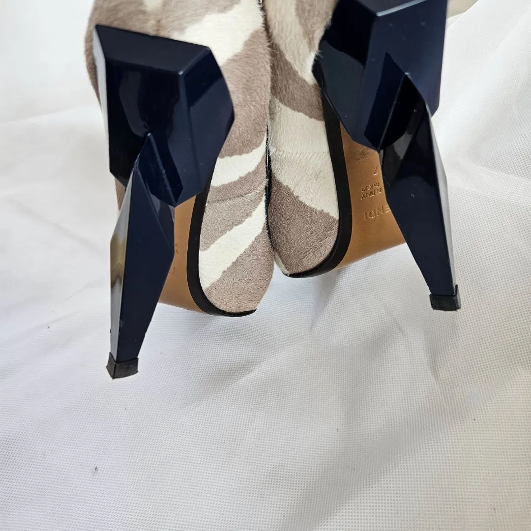Fendi Beige and Brown Pony Hair Chunky Heel Shoes  37