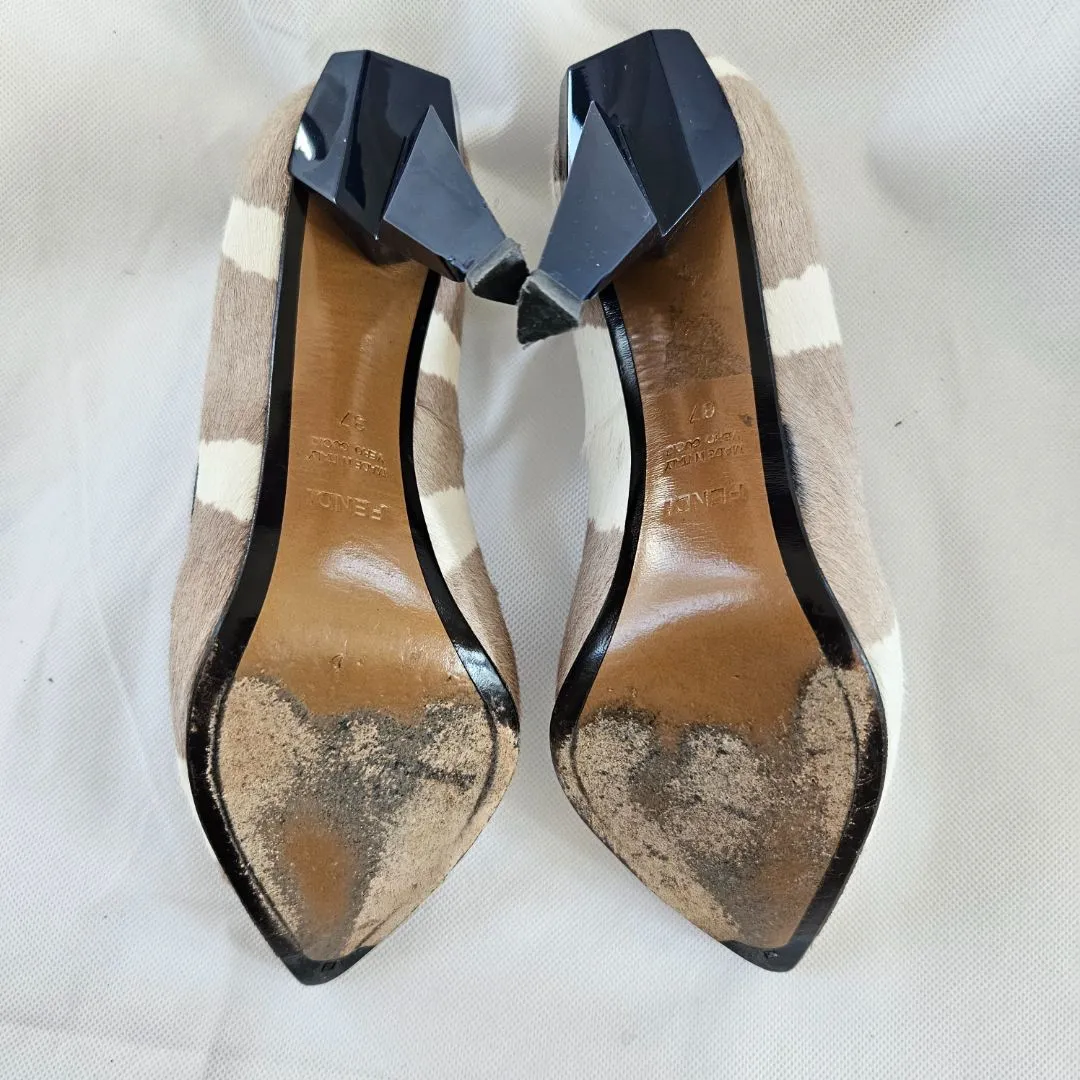 Fendi Beige and Brown Pony Hair Chunky Heel Shoes  37