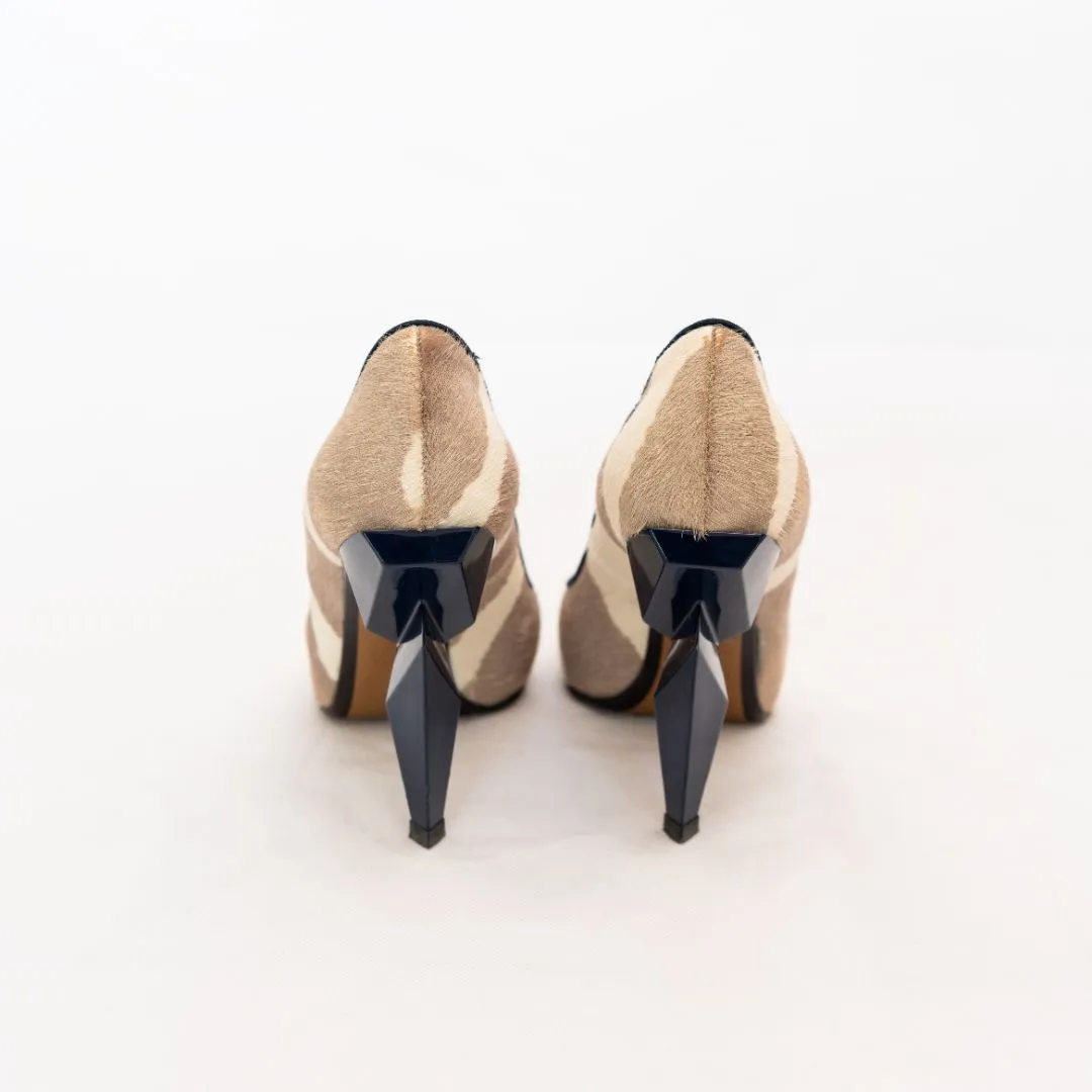 Fendi Beige and Brown Pony Hair Chunky Heel Shoes  37