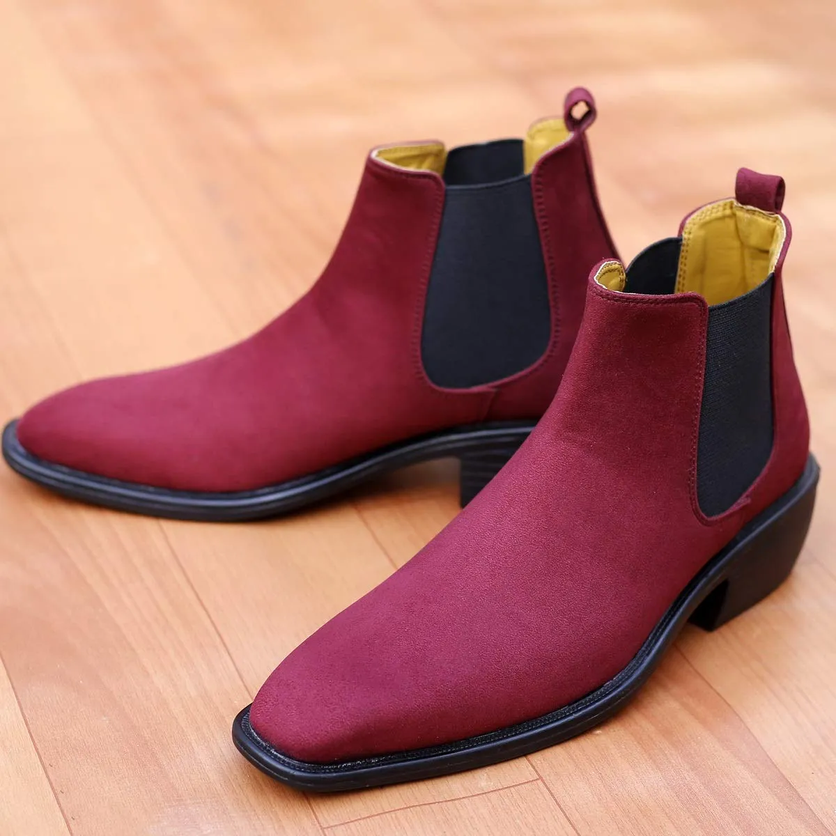Height Increasing Suede Material Red Casual Chelsea Boots For Men-JonasParamount