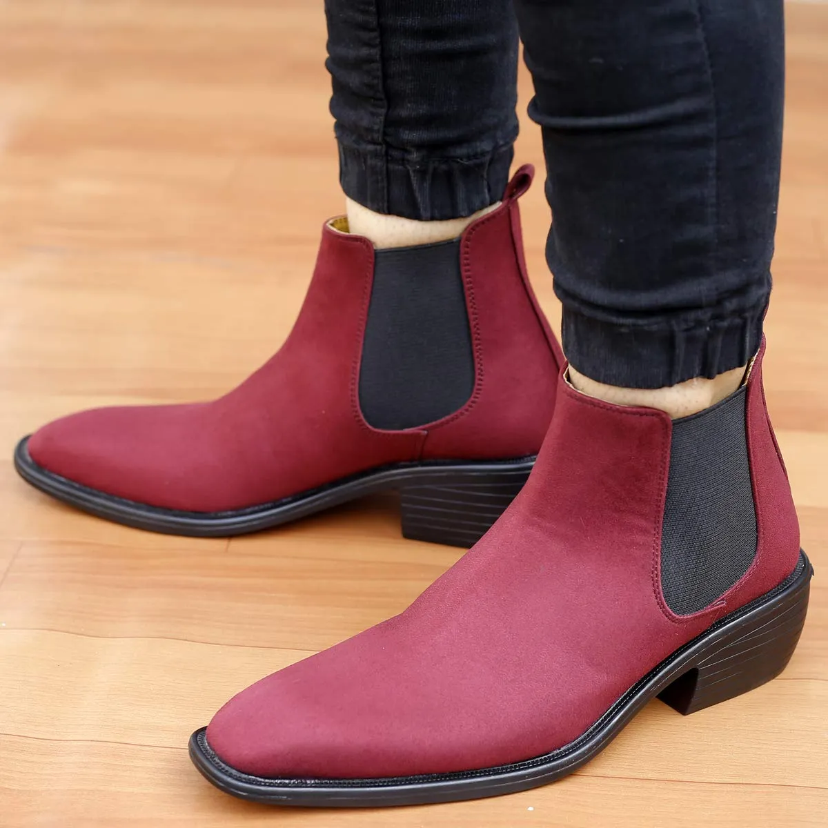 Height Increasing Suede Material Red Casual Chelsea Boots For Men-JonasParamount