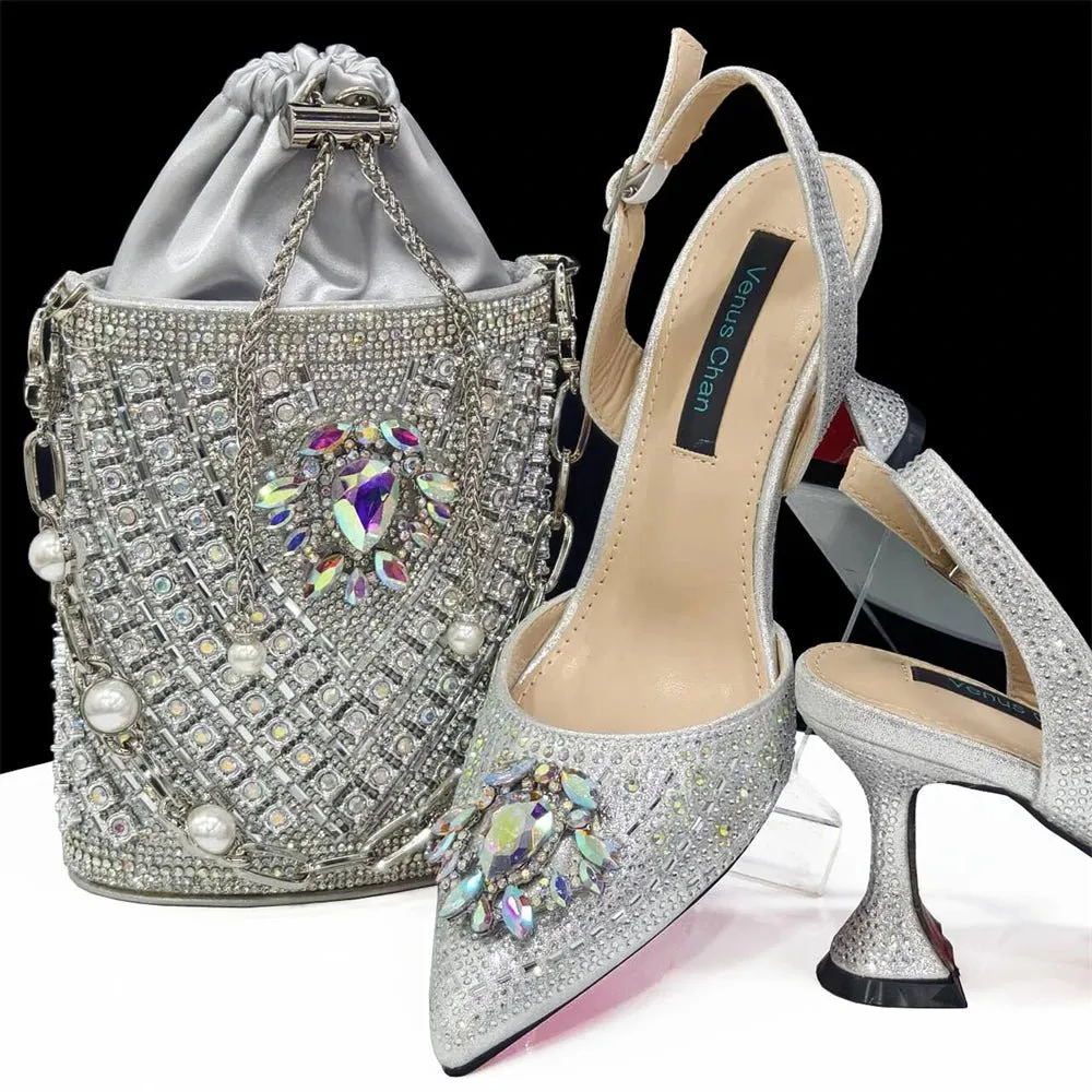 Italian Design Rhinestone Shoes and Bag for African Weddings