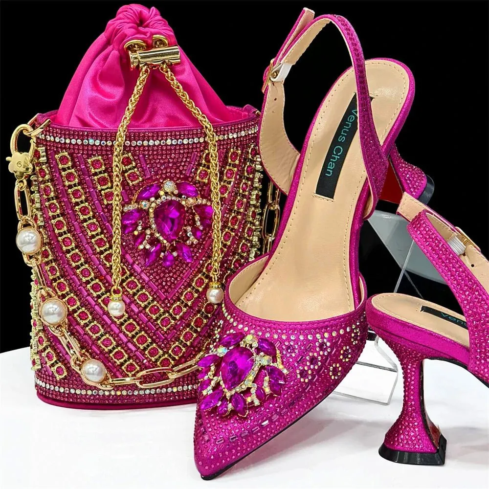 Italian Design Rhinestone Shoes and Bag for African Weddings