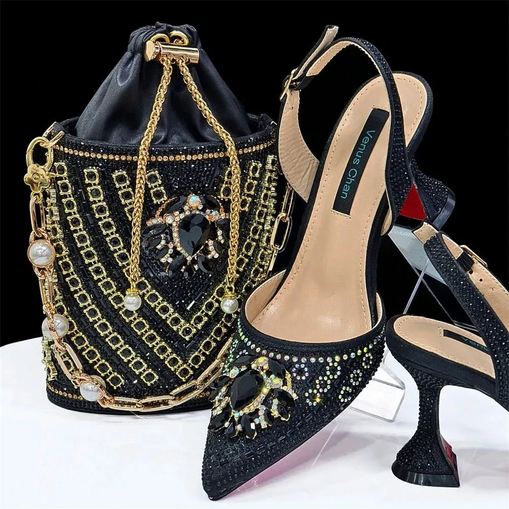 Italian Design Rhinestone Shoes and Bag for African Weddings