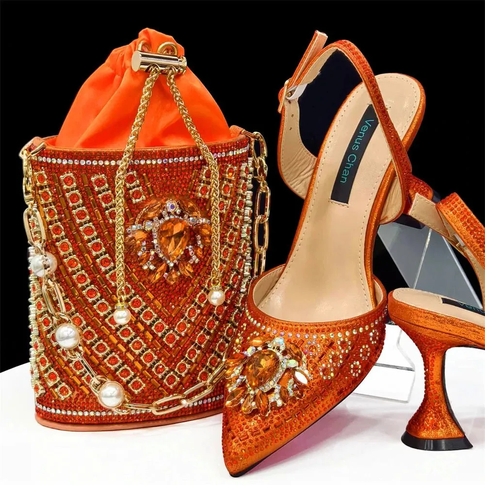 Italian Design Rhinestone Shoes and Bag for African Weddings