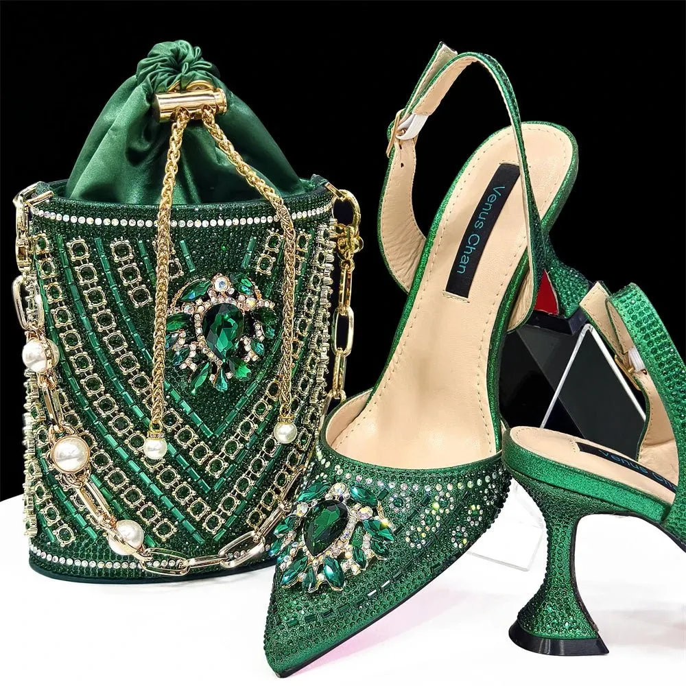 Italian Design Rhinestone Shoes and Bag for African Weddings