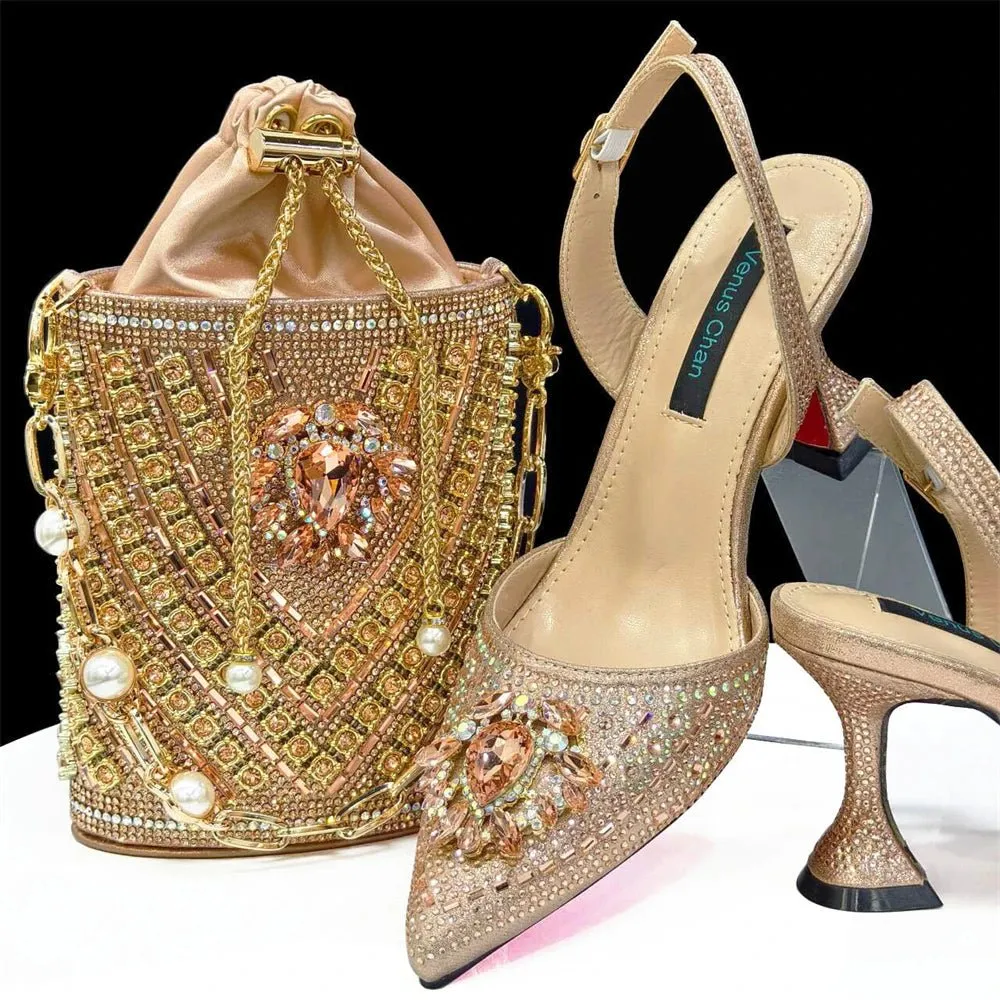Italian Design Rhinestone Shoes and Bag for African Weddings