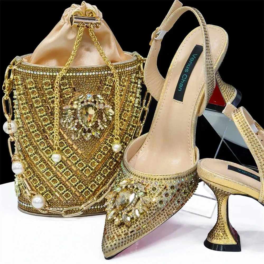 Italian Design Rhinestone Shoes and Bag for African Weddings