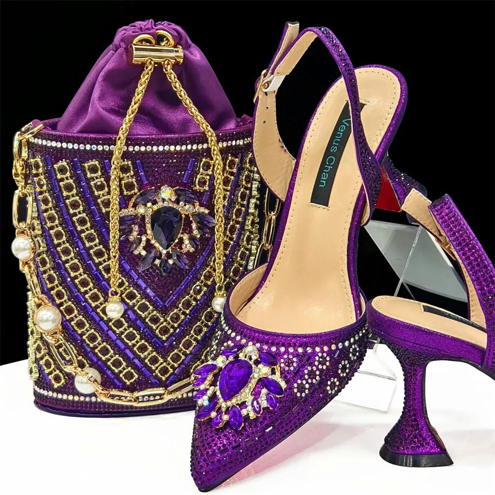 Italian Design Rhinestone Shoes and Bag for African Weddings
