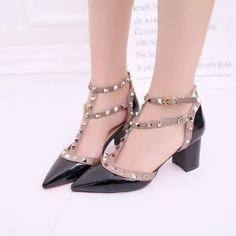 Leather Rivet Pumps Women High Heel