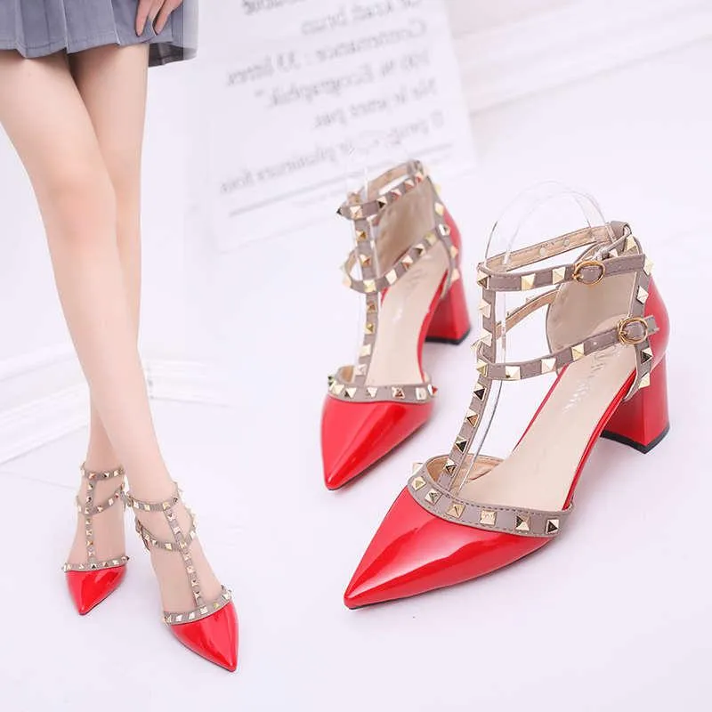 Leather Rivet Pumps Women High Heel