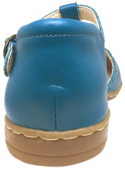 Livie & Luca Girl's Azure Blue Fresca Scalloped Leather Trim T-Strap Adjustable Buckle Mary Jane Flat Shoe