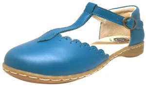Livie & Luca Girl's Azure Blue Fresca Scalloped Leather Trim T-Strap Adjustable Buckle Mary Jane Flat Shoe