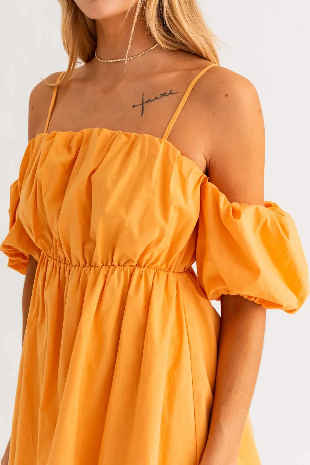 Mango Cold Shoulder Puff Mini Dress
