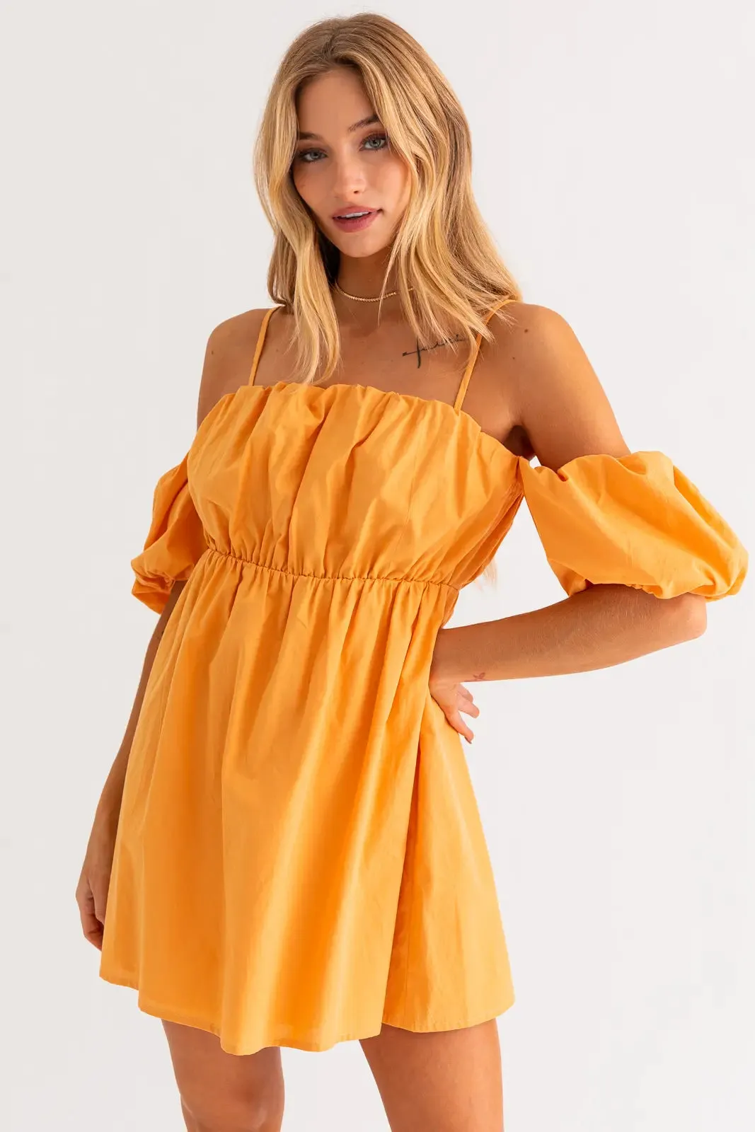 Mango Cold Shoulder Puff Mini Dress