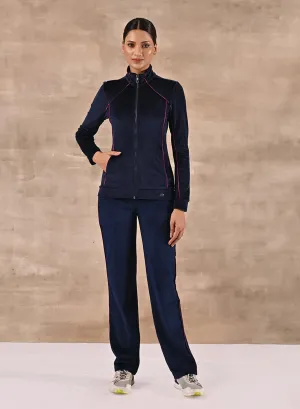 Navy Blue Paneled High Neck Track Suit