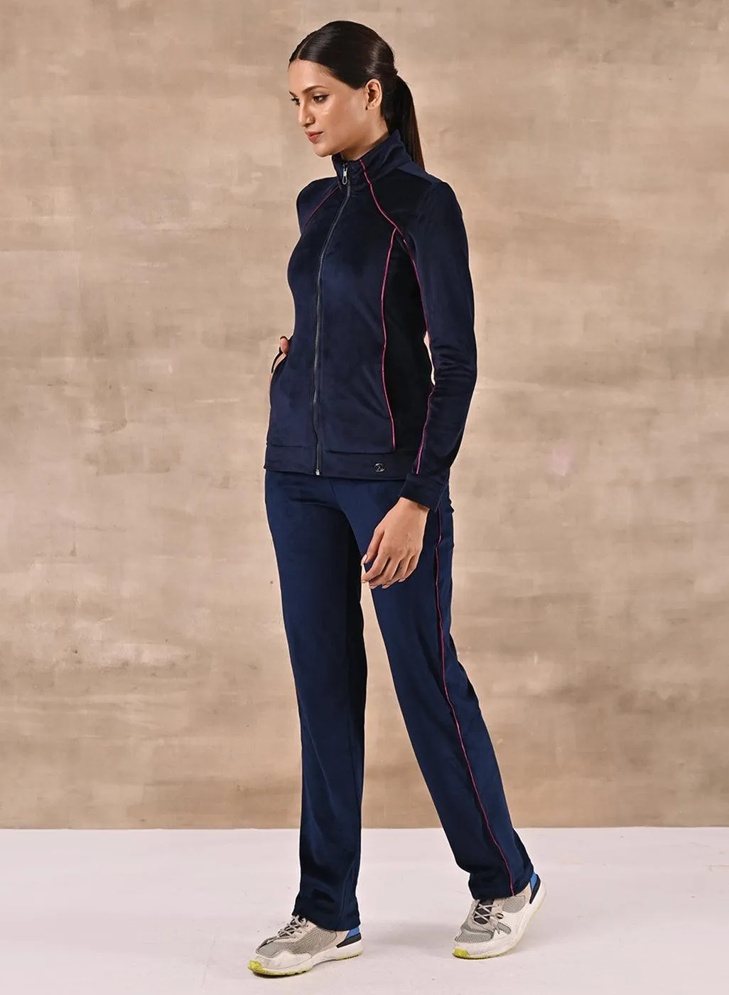 Navy Blue Paneled High Neck Track Suit