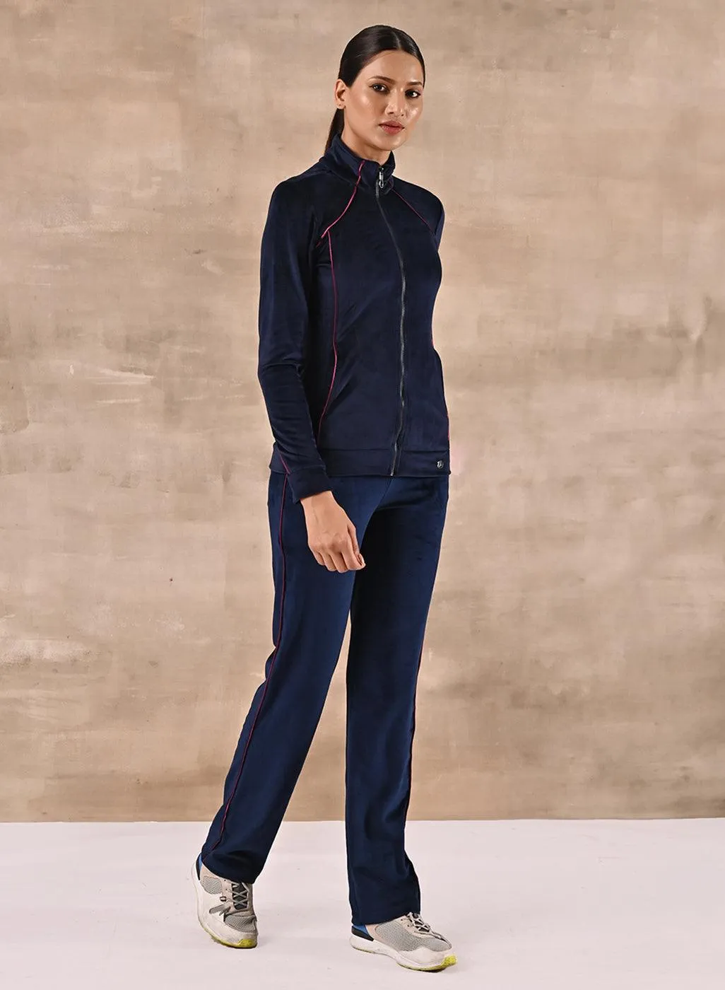Navy Blue Paneled High Neck Track Suit