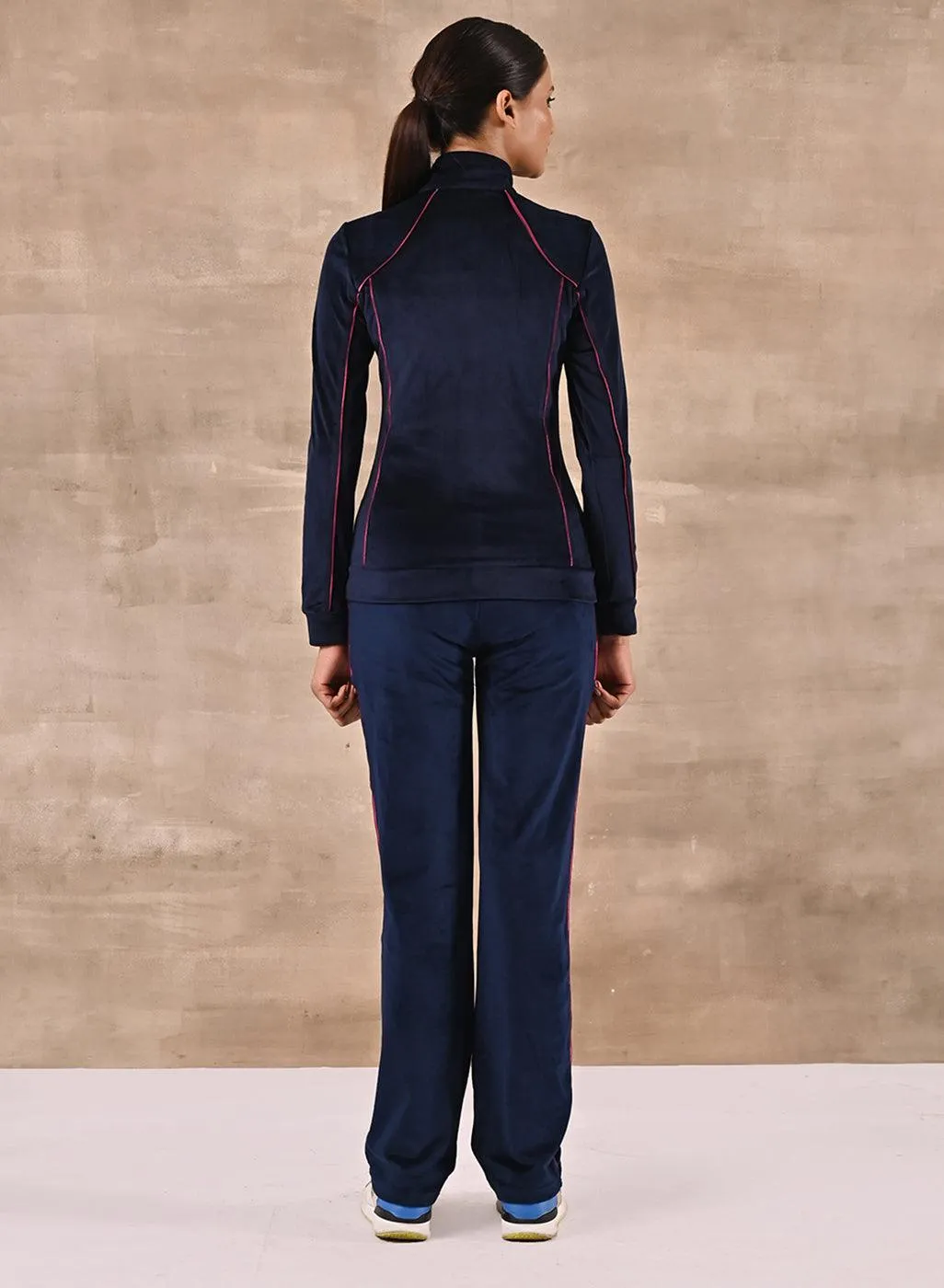 Navy Blue Paneled High Neck Track Suit