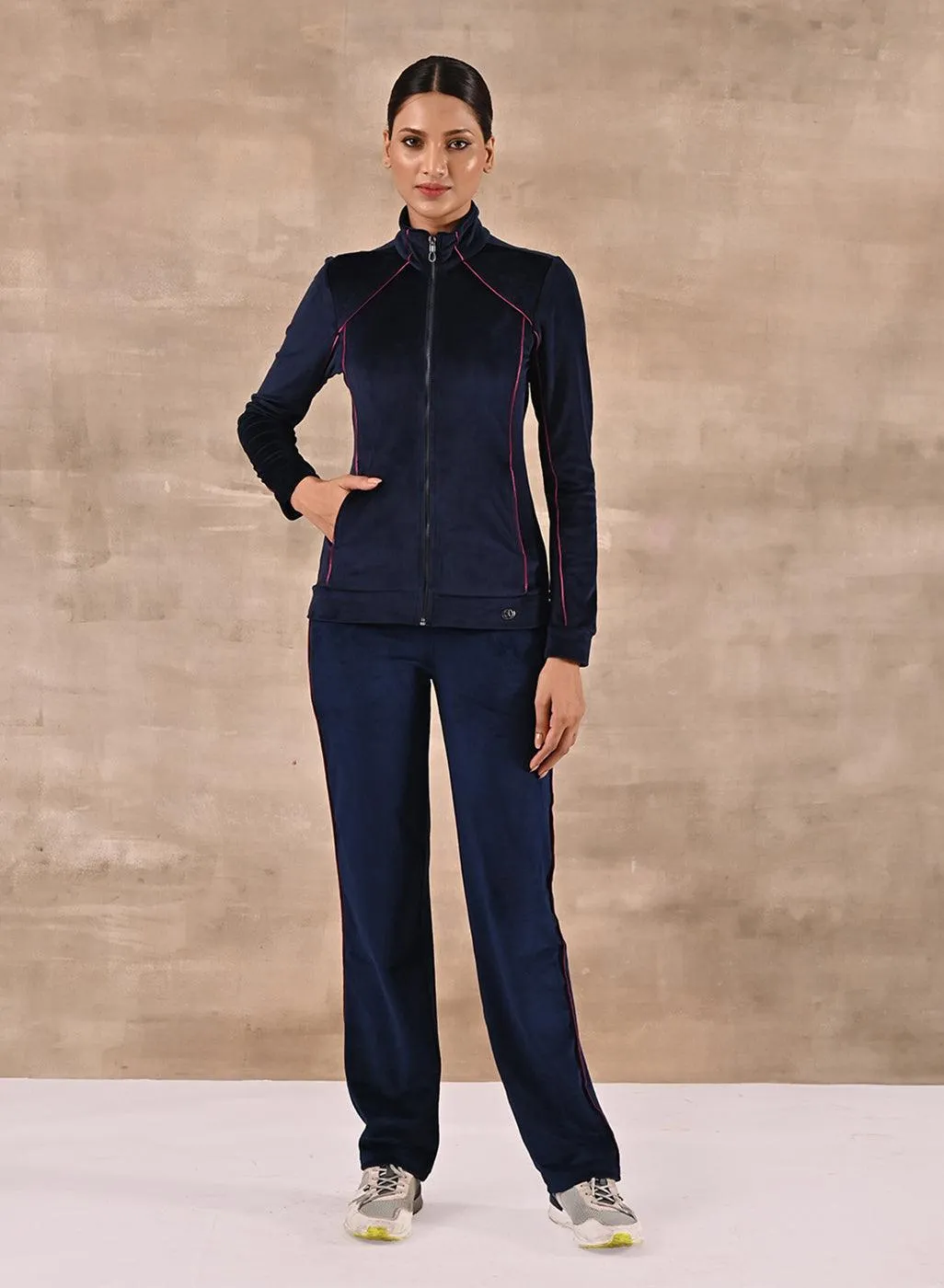 Navy Blue Paneled High Neck Track Suit