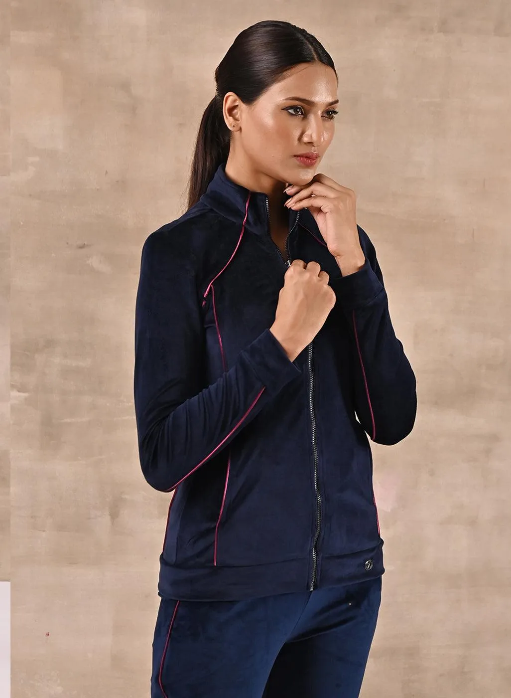 Navy Blue Paneled High Neck Track Suit