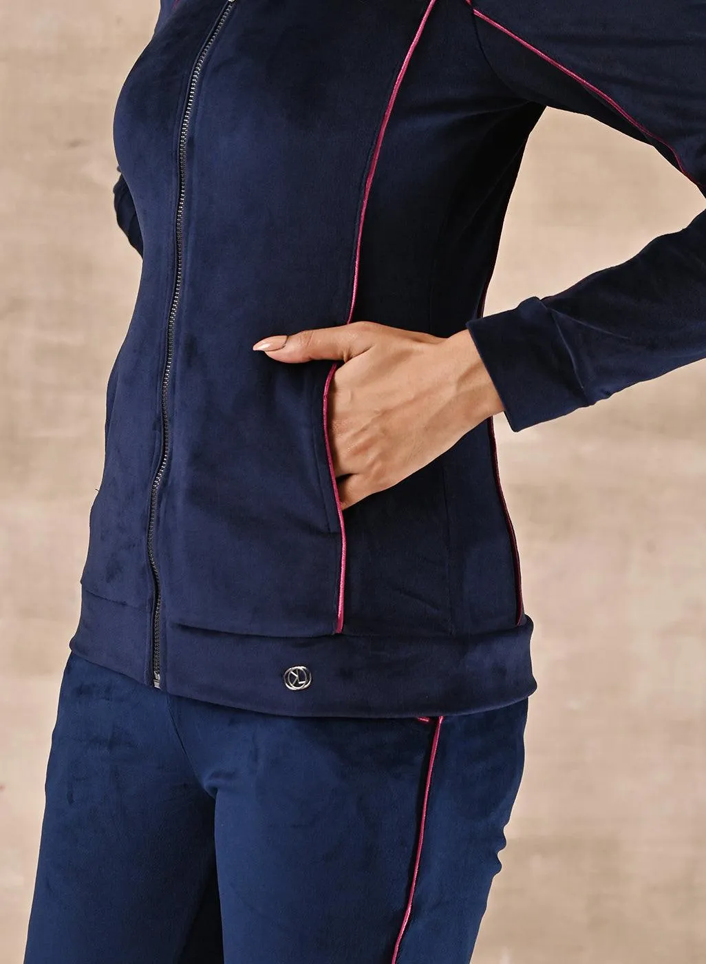 Navy Blue Paneled High Neck Track Suit