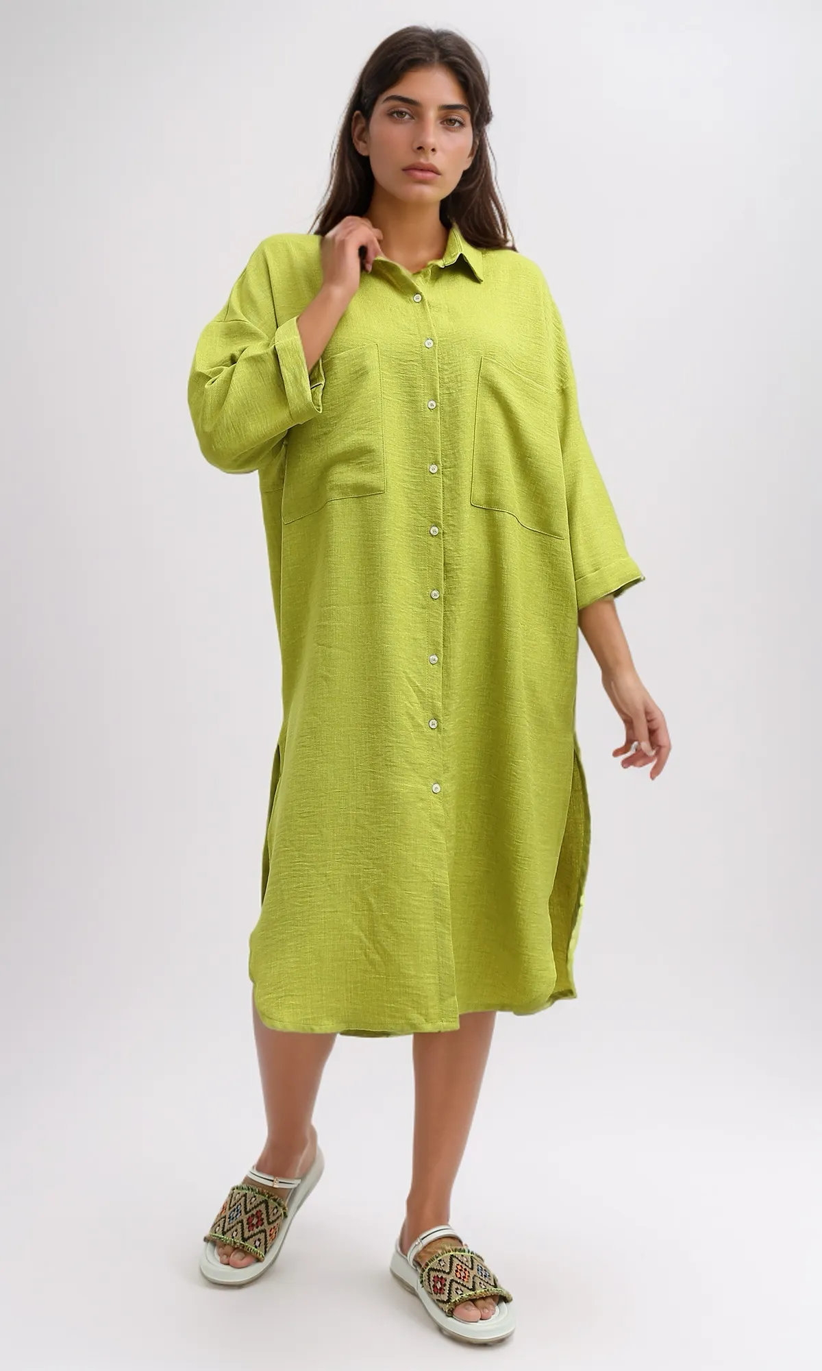 O191180 Textured Shirt Dress With Side Pockets - Light Green