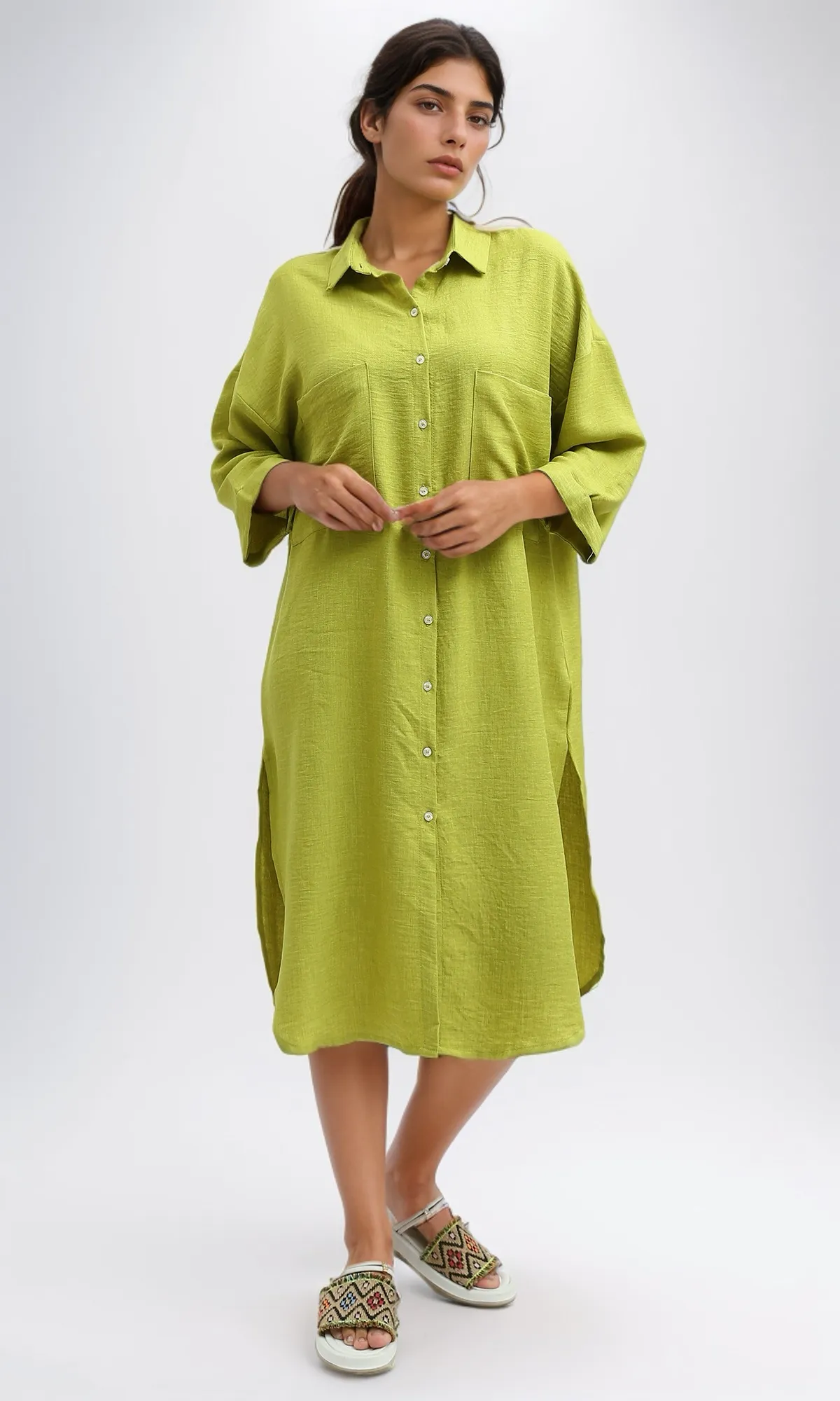 O191180 Textured Shirt Dress With Side Pockets - Light Green