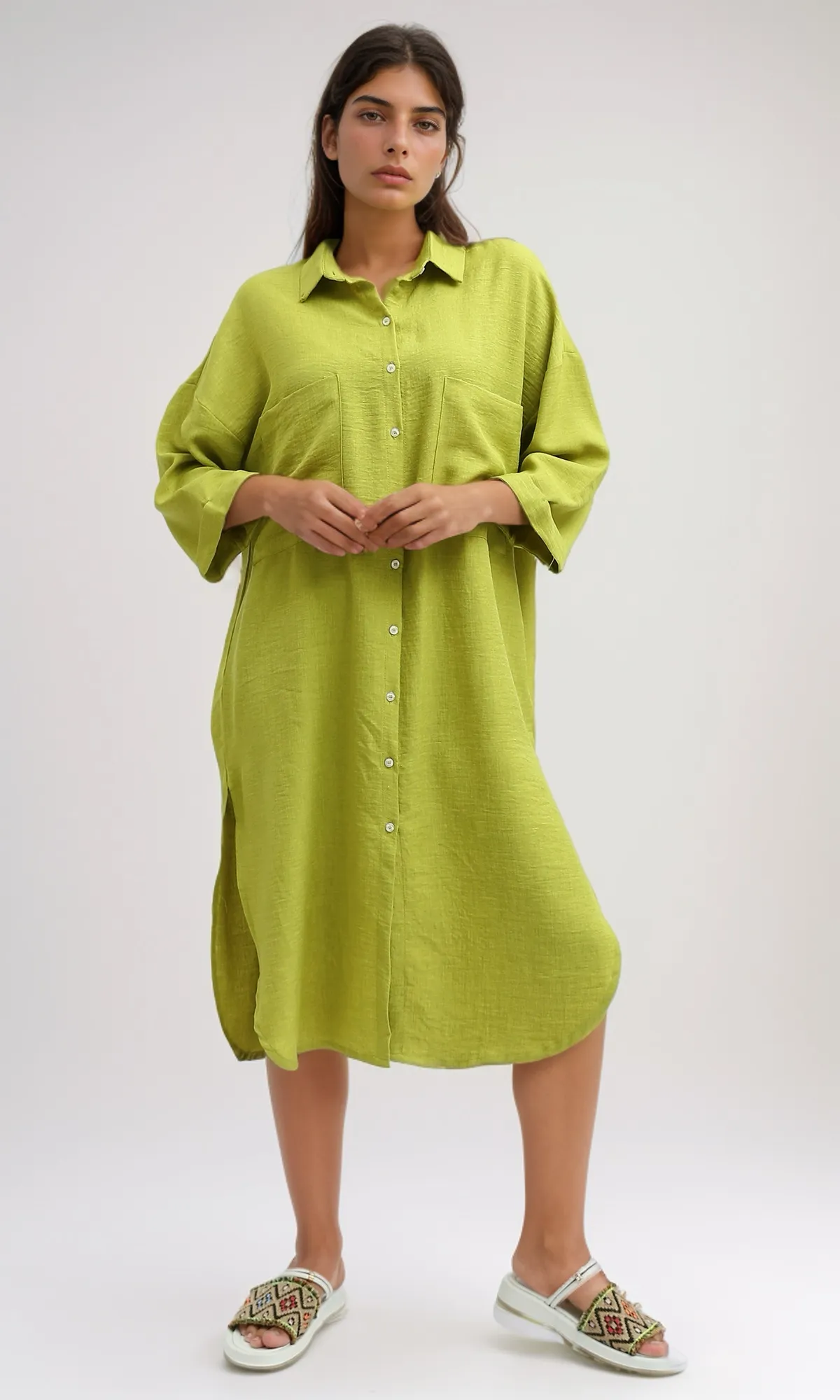 O191180 Textured Shirt Dress With Side Pockets - Light Green